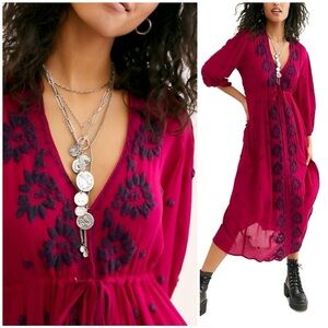 Free People Magenta Embroidered 3/4 Sleeve Maxi Dress, XS